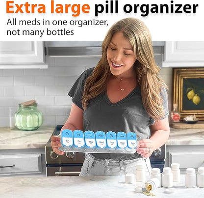 Extra Large Weekly Pill Organizer - XL Daily Pill Box - 7 Day Am Pm Pill Case Jumbo Pill Container for Supplements Big Pill Holder Twice A Day Oversized (Blue/White)