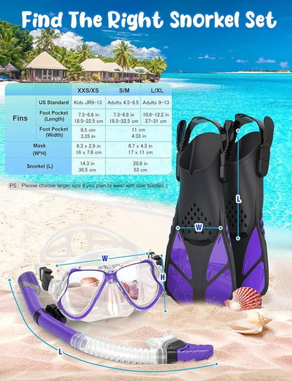 Zenoplige Mask Fins Snorkel Set, Snorkeling Gear for Adults, Panoramic View Snorkel Mask Anti-Fog, Adjustable Dive Flippers, Dry Top Snorkel and Travel Bag, Scuba Gear for Swimming Snorkeling Diving