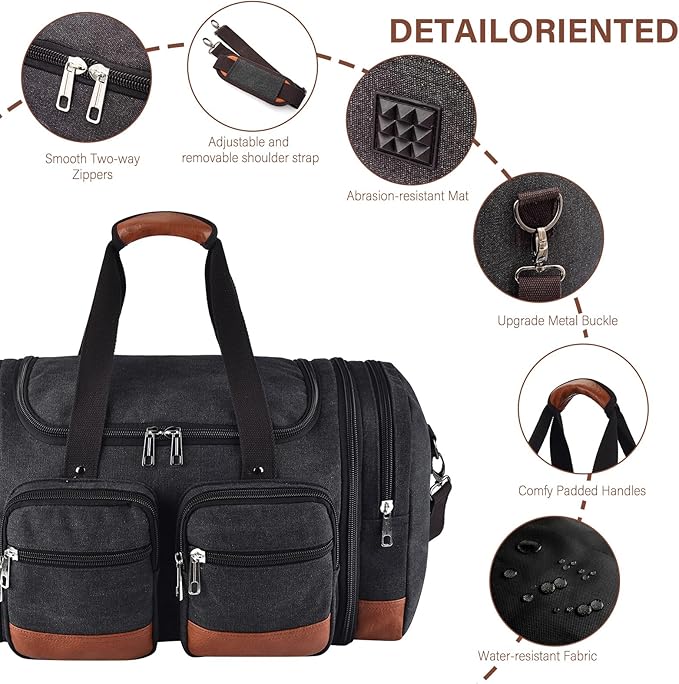 Canvas Duffle Bag For Travel, 50L Expandable Carry on Overnight Travel Duffel Bags with Laptop Compartments Weekend Gym Bag for Men(Black)