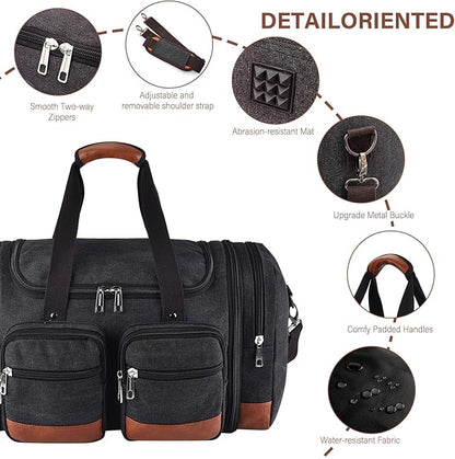 Canvas Duffle Bag For Travel, 50L Expandable Carry on Overnight Travel Duffel Bags with Laptop Compartments Weekend Gym Bag for Men(Black)