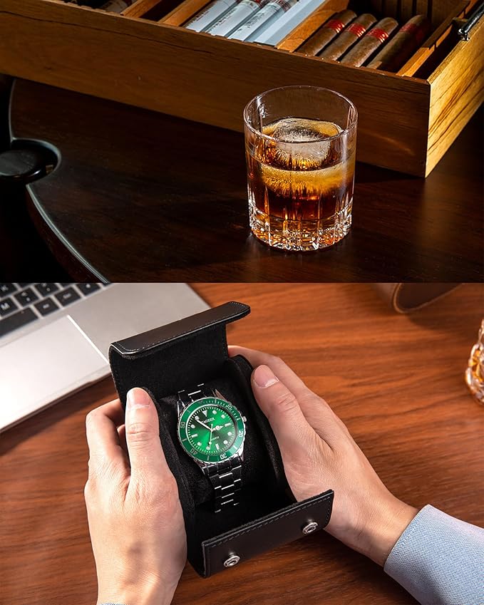 MR.OKAY Single Watch Travel Case-Classic Leather Watch Case With Superb Texture.Portable Watch Roll Or Organizer For Storage And Display. Best Travel Gift for Men,All Handcrafted By Artisans.
