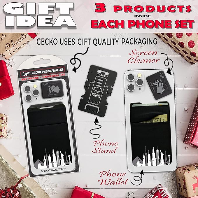 Gecko Travel Tech Double Pocket - Adhesive Card Holder - Cell Phone Pouch - Stick on Spandex Pocket - Carry Credit Cards and Cash (Cityscape)