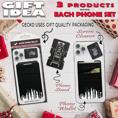 Gecko Travel Tech Double Pocket - Adhesive Card Holder - Cell Phone Pouch - Stick on Spandex Pocket - Carry Credit Cards and Cash (Cityscape)