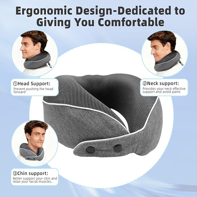 Memory Foam Travel Neck Pillow - with Portable Storage Case, 360° Ergonomic Support for Airplanes & Office, Compact & Portable (Grey)