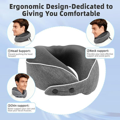 Memory Foam Travel Neck Pillow - with Portable Storage Case, 360° Ergonomic Support for Airplanes & Office, Compact & Portable (Grey)