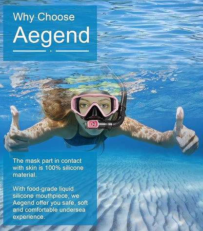Aegend Snorkeling Gear for Adults Youth Kids, Dry Snorkel Set Panoramic View Enhanced Anti-Leak and Anti-Fog Technology, Adjustable Strap for Snorkeling Scuba Diving Swimming with Mesh Bag