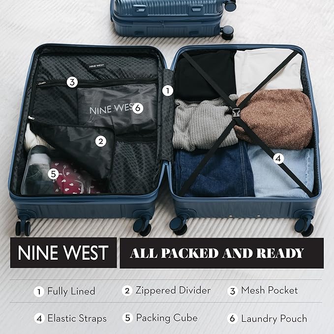 Nine West Zion 2 Piece Luggage Set for Cruise & Extended Trips, 32" Large Expandable Suitcase & 20" Smart Carry On with USB Port, Hardshell Spinners Lapis