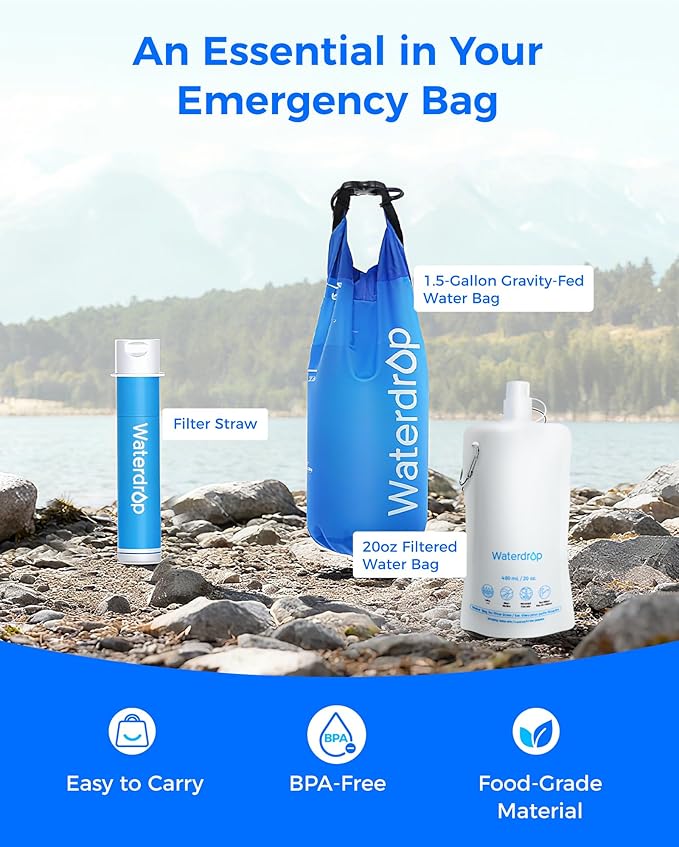 Waterdrop Gravity Water Filter Straw, Camping Water Filtration System, Water Purifier Survival for Travel, Backpacking and Emergency Preparedness, 1.5 gal Bag, 0.1 Micron, 5 Stage Filtration