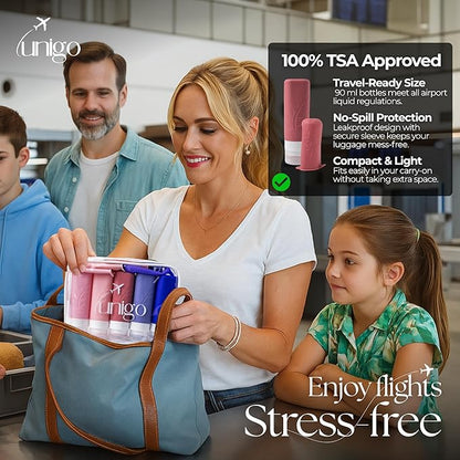 unigo Travel Bottles For Toiletries, 5-pack 3.oz TSA Aprroved Travel Size Bottles, Containers For Toiletries, BPA Free, Leak Prrof, Refillable Containers Bottles (Purple)