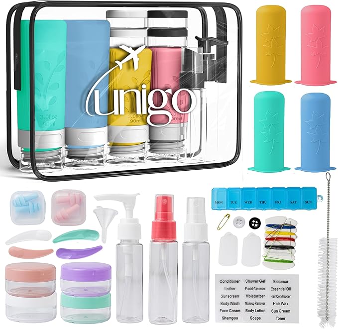 Unigo 30pack Full Set TSA Approved Travel Bottles, Travel Size Containers for Toiletries, Refillable Leakproof Travel Shampoo and Conditioner Bottles, Toiletry Containers,Extra Bottle Sleeves, (A-set)