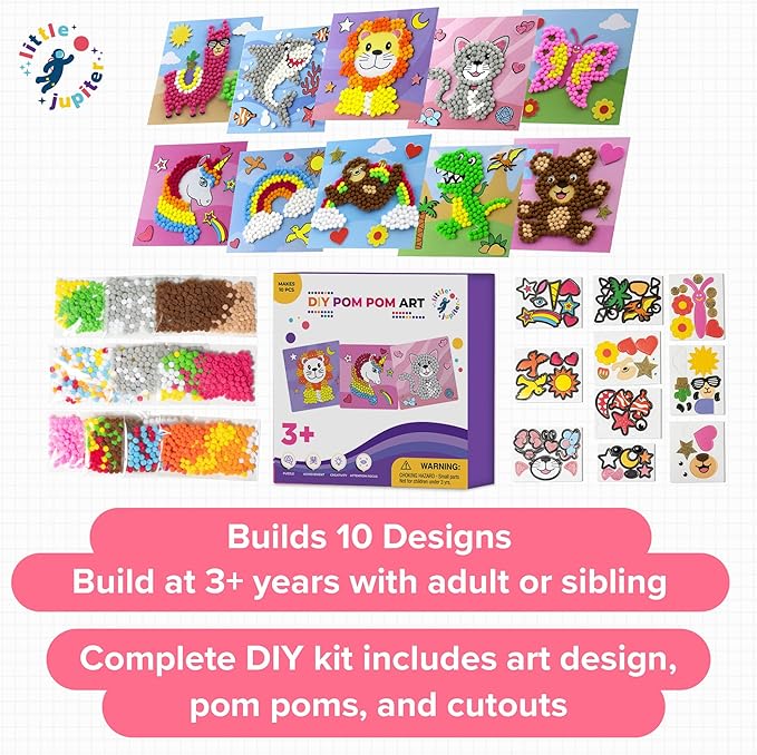 Little Jupiter DIY Pom Pom Art - Makes 10 Art Pieces -Boy & Girl Crafts for Kids Age 3-5 - for Toddlers and Small Kids - Craft Activities - Arts and Crafts (Set3)