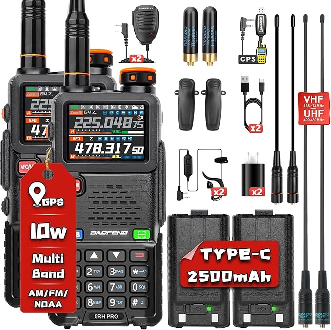 BAOFENG 5RH PRO Ham Radio Handheld, 10W Baofeng Radio with GPS APRS,640 Channels, NOAA Weather Walkie Talkies VHF/1.25M/UHF Aviation Police Band Scanner USB-C Rechargeable Battery Two Way Radio -2Pack