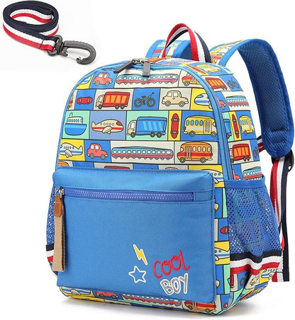 willikiva Cartoon Bus 12 Kindergarten Backpack for Kids Girls and Boys,Waterproof Preschool Toddler Backpack Wiht Leash and Safety Harness (Car)