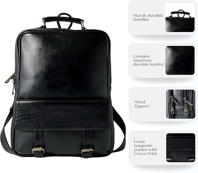 15.6" Luxury Black Leather Laptop Backpack for Men & Women. Leather Bag for Professional Use in Office & Business