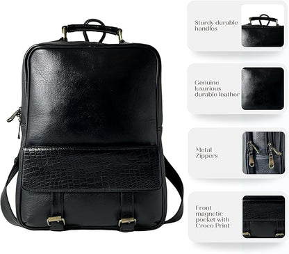 15.6" Luxury Black Leather Laptop Backpack for Men & Women. Leather Bag for Professional Use in Office & Business