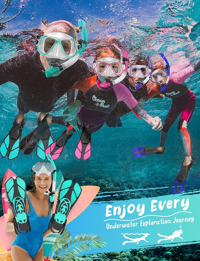 Zenoplige Mask Fins Snorkel Set, Snorkeling Gear for Adults, Panoramic View Snorkel Mask Anti-Fog, Adjustable Dive Flippers, Dry Top Snorkel and Travel Bag, Scuba Gear for Swimming Snorkeling Diving