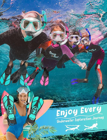 Zenoplige Mask Fins Snorkel Set, Snorkeling Gear for Adults, Panoramic View Snorkel Mask Anti-Fog, Adjustable Dive Flippers, Dry Top Snorkel and Travel Bag, Scuba Gear for Swimming Snorkeling Diving