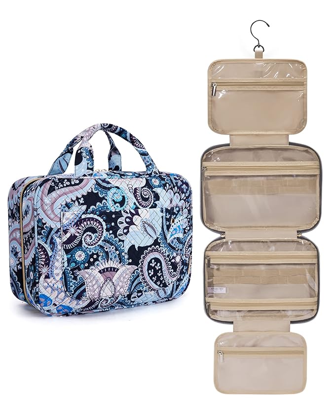 BAGSMART Toiletry Bag Travel Bag with Hanging Hook, Water-resistant Makeup Cosmetic Bag Travel Organizer for Accessories, Shampoo, Full Sized Container, Toiletries (Blue Paisley, Large)