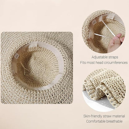 Floppy Big Beach Straw Hats for Women Foldable Summer Wide Brim Packable Sun Hat Womens Travel Straw Fedora Hat