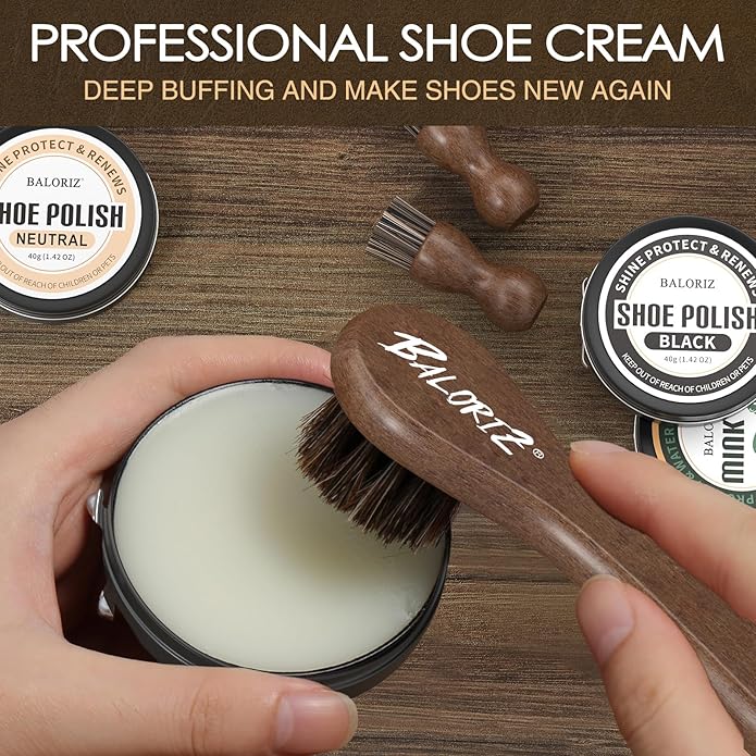 13Pcs Shoe Polish Kit, Shoe Shine Kit for Men & Women with Horsehair Shoe Polish Brush, Black Brown Neutral Mink Oil for Leather Boots Shoe Care Kit as Christmas Gift for Men with Care Cloth