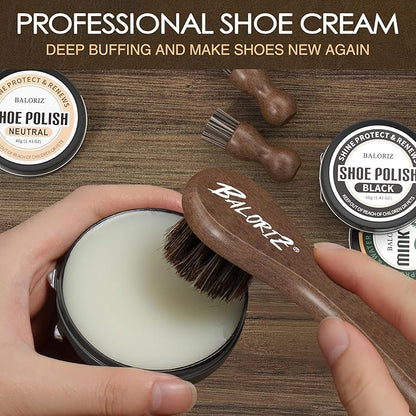 13Pcs Shoe Polish Kit, Shoe Shine Kit for Men & Women with Horsehair Shoe Polish Brush, Black Brown Neutral Mink Oil for Leather Boots Shoe Care Kit as Christmas Gift for Men with Care Cloth