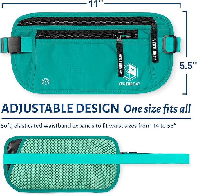 VENTURE 4TH Money Belt for Travel – Hidden Under-Clothes RFID Blocking Passport Holder & Slim Travel Wallet Pouch for Men & Women to Protect Cash, Cards & Documents (Turquoise)