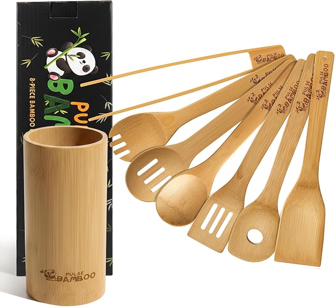 8-Piece Bamboo Utensil Set with Holder, Premium Non-Scratch Bamboo Cooking Utensils for Nonstick Cookware, Water-Resistant, BPA-Free, Eco-Friendly Kitchen Tools