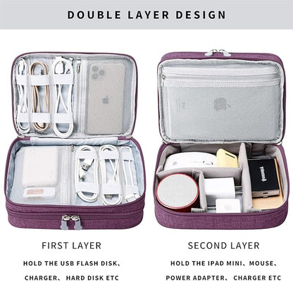Lanola Travel Cable Organizer Bag, Electronic Accessories Case Portable Double Layer Cable Storage Bag for Cord,phone,Charger, Flash Drive, Phone, SD Card,Personal Items - (Purple)