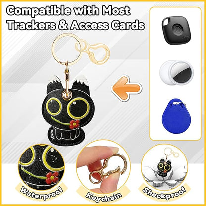 Leather Keychain for Airtag, Cute Protective Keychain Holder Compatible with Apple Air Tag,GPS Item Tracker Case Cover for Keys,Bags,Pets,Luggage(Cat)