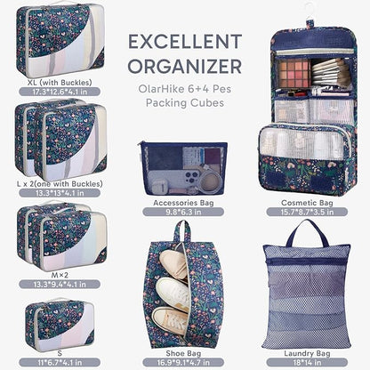 ALL INCLUDED 10 Set Durable Packing Cubes for Suitcases,OlarHike Essentials for Travel,UPGRADED Anti-Tear Stitching, NEW Improved Luggage Packing Organizers for Travel Accessories (Dark Blue Floral)