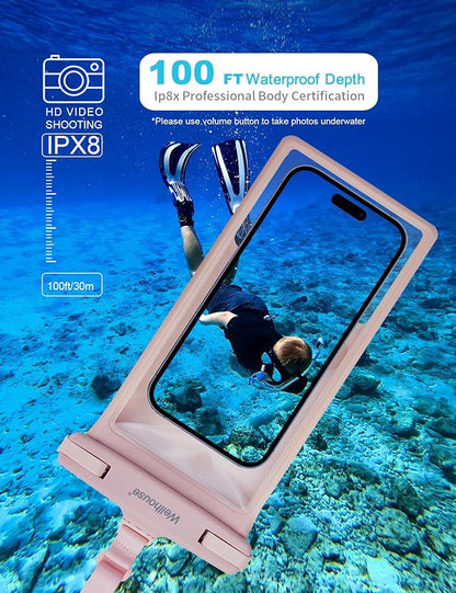 wellhouse Waterproof Phone Pouch, Waterproof Phone Case for iPhone 16 15 14 13 12 Pro Max XS Samsung, IPX8 3D Cellphone Dry Bag Beach Essentials (2 Pack - Blue & Pink8.0, 8 inch)