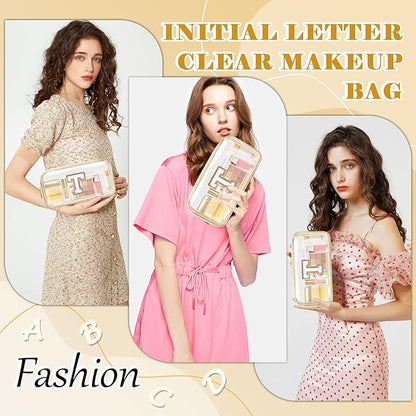 Personalized Initial Letter Clear Makeup Bag,Preppy Small Nylon&PVC Cosmetic Zipper Bag with Chenille Letter,Portable Beach Travel Skincare Toiletry Bag,Trendy Monogram Gift for Teen Girls Women,T