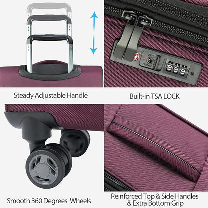 KROSER Softside Expandable Carry On Luggage with Front Business Pockets，20 Inch Suitcases with Spinner Wheels & Built-in TSA Lock, Durable Suitcase Rolling Luggage with USB Port, Burgundy