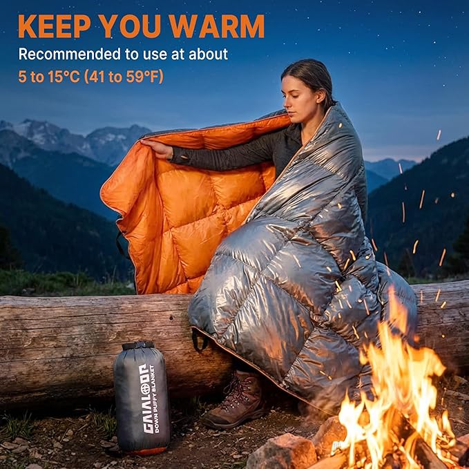 Down Puffy Blanket for Car Camping Outdoor Travel Backpacking, Duck Down Lightweight Portable Soft Warm Cozy Camping Blanket Quilt, 53"x78", Light Gray