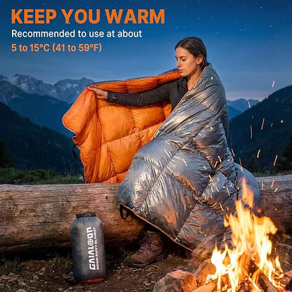 Down Puffy Blanket for Car Camping Outdoor Travel Backpacking, Duck Down Lightweight Portable Soft Warm Cozy Camping Blanket Quilt, 53"x78", Light Gray