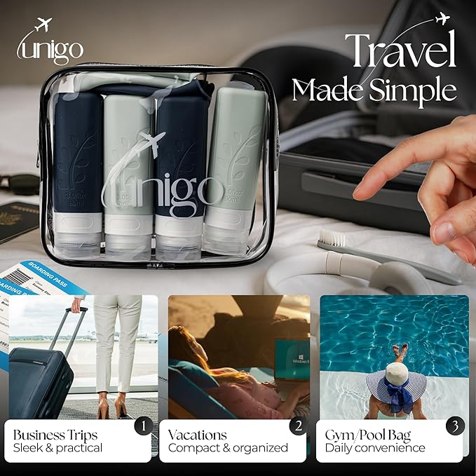 unigo Travel Bottles For Toiletries, 3.oz TSA Approved Containers, Travel Size Toiletries, Shampoo and Conditioner Bottles, Leak Proof and Refillable Bottles, Extra Bottle Covers (White,Black)