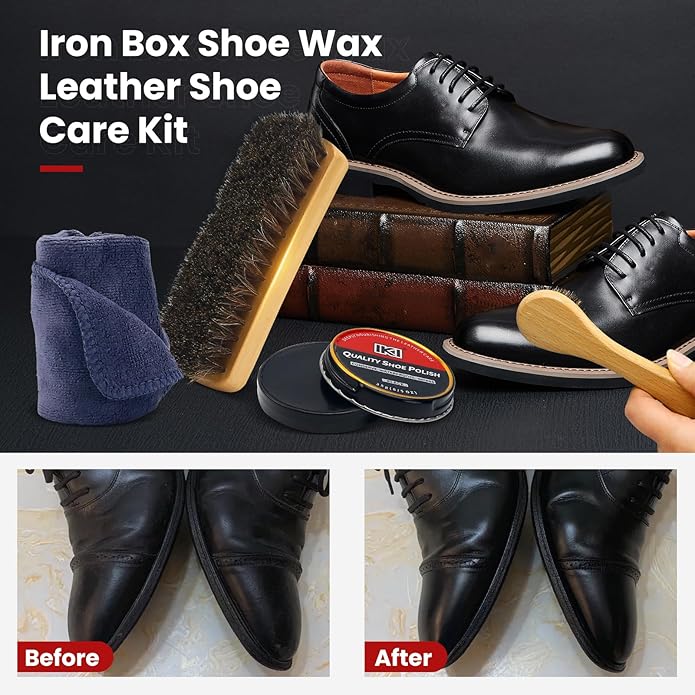 IKI Leather Boot Care Kit - 10 PCS Shoe Polish & Shine Kit with Black Shoe Polish, Sponge Applicators, Horsehair Brush, Microfiber Cloth and Wash Bag, Shoe Care Set for Men & Women