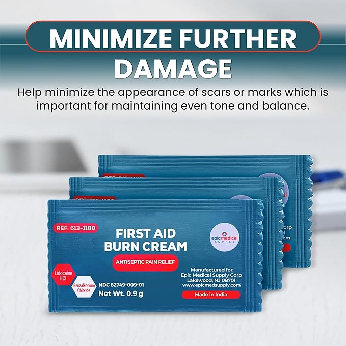 First Aid Burn Cream Packets Box of 144, Burn Ointment with Lidocaine and Benzalkonium Chloride for Minor Scrapes, Cuts, and Skin Irritations, Home and Medical Skincare