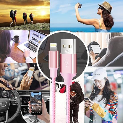 cugunu iPhone Charger, 5 Pack 3/3/6/6/10FT Apple MFi Certified USB Lightning Cable Nylon Braided Fast Charging Cord Compatible for iPhone 14/13/12/11/X/Max/8/7/6/5/SE/Plus/iPad - Pink
