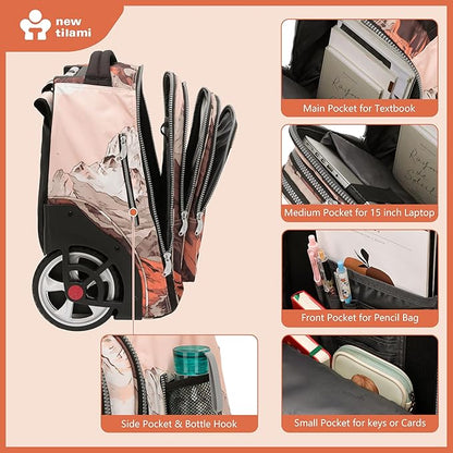 NEW TILAMI 20" Rolling Backpack for Teens Adults, Climbing Stairs Waterproof Backpack with Wheels for School Business Trave Camping with Laptop Compartment, Fit 17 Inch Laptop, Pcturesque Mountain