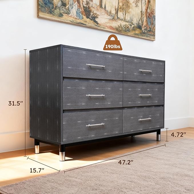 Grey Dresser for Bedroom, 6 Drawer Wood Dresser with Modern Storage Organizer, Wide Chest of Drawers for Clothes, Closet, Living Room