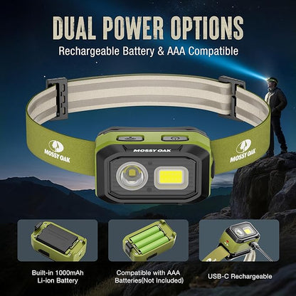 Mossy Oak 600 Lumens LED Headlamp, Dual Power Source, Motion Sensor Head Lamp with Magnetic Base, Stepless Dimming, Memory Mode for Camping, Running, Hiking, Christmas Gifts