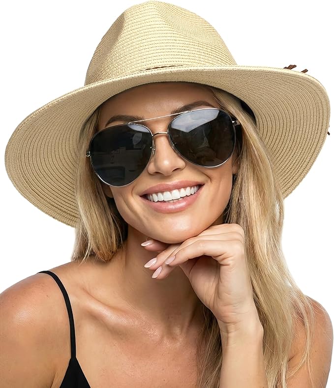 FURTALK Sun Hats for Women Summer Wide Brim UV UPF 80+ Panama Fedora Foldable Packable Straw Beach Hat