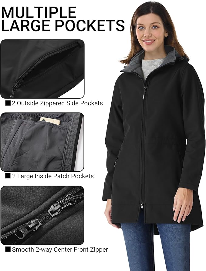 Outdoor Ventures Women's Softshell Jacket with Removable Hood Fleece Lined Windbreaker Insulated Long Warm Rain Jacket