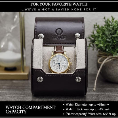 Brown/Ivory - 1 Watch Travel Case for Men - Single Watch Case Storage - Gift Idea Travel Accessory - Espresso Brown/Ivory - Mirage Watch Roll Cases Vegan Leather