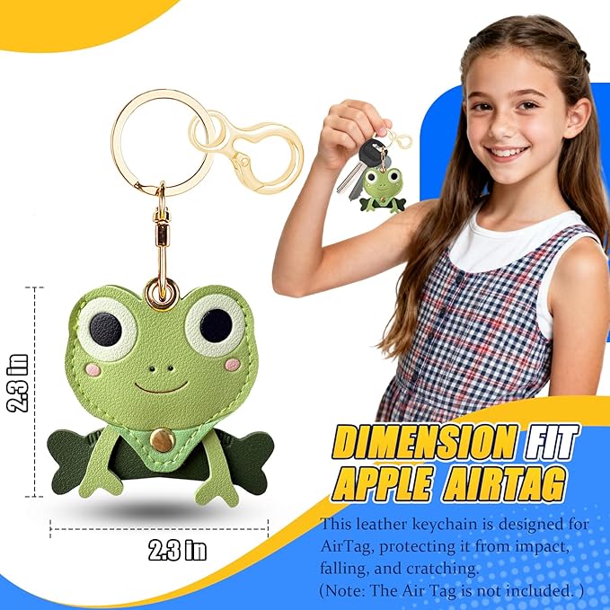 Leather Keychain for Airtag, Cute Protective Keychain Holder Compatible with Apple Air Tag,GPS Item Tracker Case Cover for Keys,Bags,Pets,Luggage(Frog)