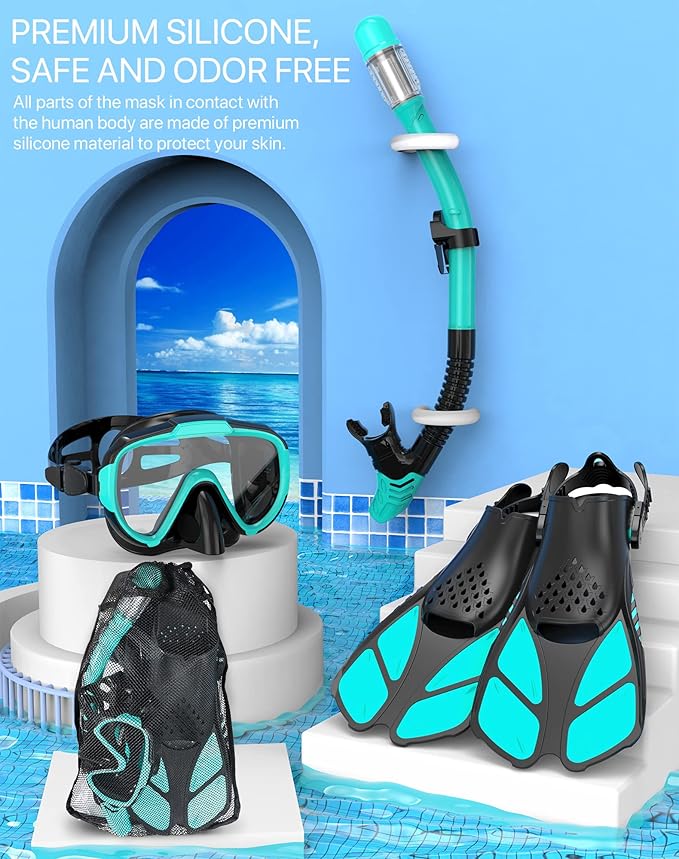 Snorkeling Gear for Adults Men Women,4 in 1 Snorkel Set with Panoramic View Diving Mask Anti-Fog Anti-Leak,Dry Top Snorkel,Fins and Travel Bag for Swimming,Snorkeling and Travel Diving