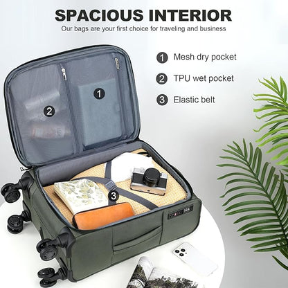 KROSER Softside Expandable Carry On Luggage with Front Business Pockets，20 Inch Suitcases with Spinner Wheels & Built-in TSA Lock, Durable Suitcase Rolling Luggage with USB Port, Army Green
