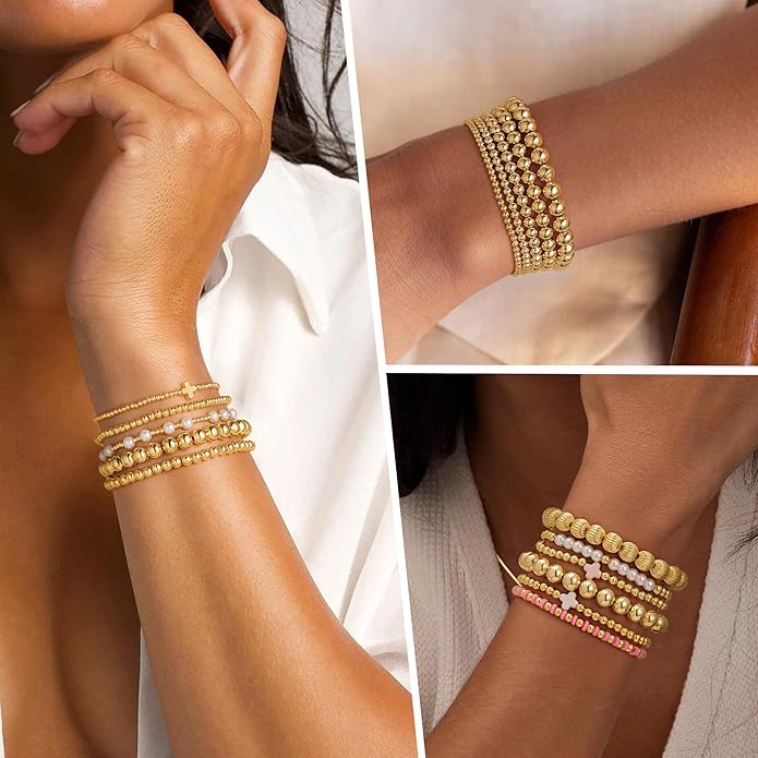 Yoosteel Gold Beaded Bracelets Set for Women Teen Girl Gifts Non Tarnish - 14K Gold Plated Dainty Round Bead Ball Pearl Cross Bracelet Stack for Women Teenage Girls Stackable Jewelry Christmas Gifts