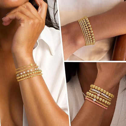 Yoosteel Gold Beaded Bracelets Set for Women Teen Girl Gifts Non Tarnish - 14K Gold Plated Dainty Round Bead Ball Pearl Cross Bracelet Stack for Women Teenage Girls Stackable Jewelry Christmas Gifts